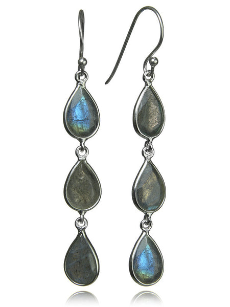Jaipuri Three Stone Tear Drop Earrings (Labradorite)