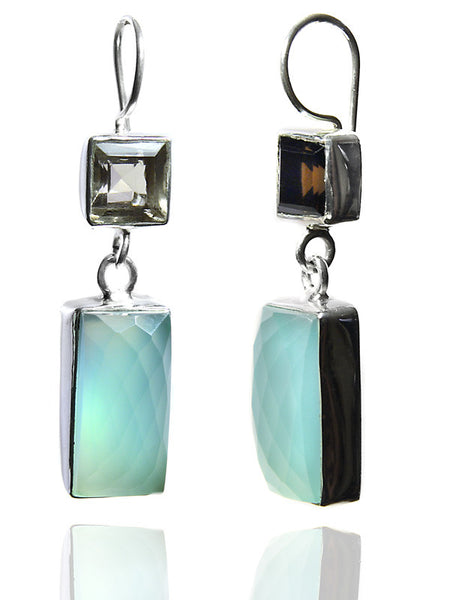 Square & Rectangular Jaipuri Earrings Drops (Smokey Quartz / Aqua Chalcedony)