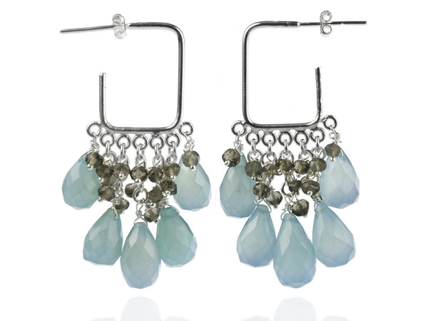 Italian Quadrato Cluster Earrings (Aqua Chalcedony & Smokey Quartz)