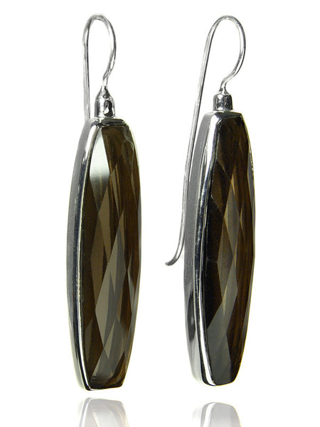 Faceted Vertical Long Drop Earrings (Smokey Quartz)