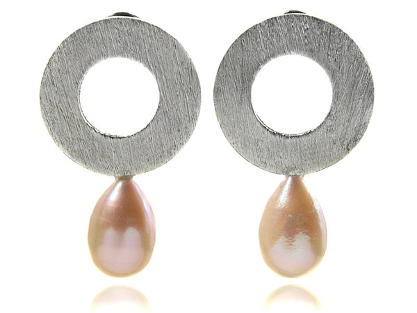 Brushed Circle With Fresh Water Pearl Drop (Pink)