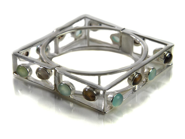 Square Bangle with Stones (Aqua Chalcedony/Smokey Quartz)