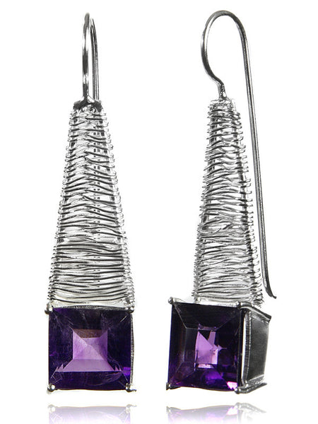 Step Ladder Earrings with Square Stone (Amethyst)