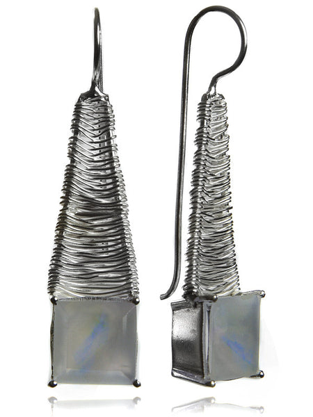 Step Ladder Earrings with Square Stone (White Moonstone)