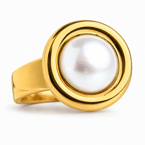 Gold Plated Barcelona Gaudi Circle Classic Stone Ring White Pearl