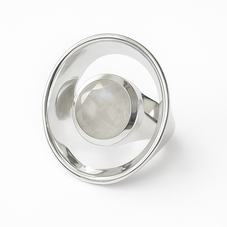 Mexican Art Deco Ebony Cocktail Ring White Moonstone