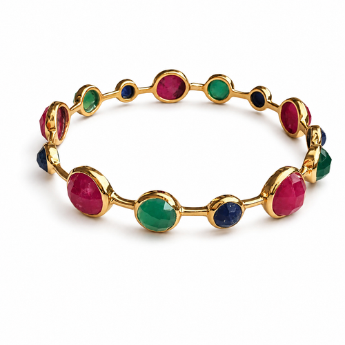 Gold Plated Art Deco Pop Bangle Green Onyx,  Lapis Lazuli, Sillimanite Ruby