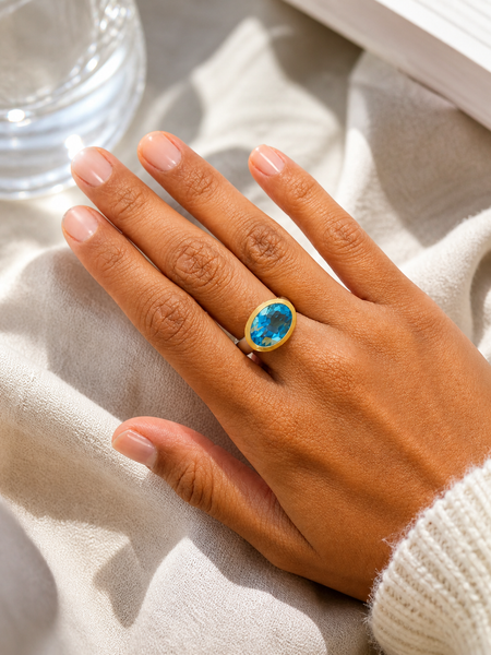Golden Iberia Oval Gemstone Ring - Blue Topaz