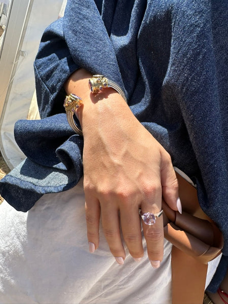 Large Serpentine Open Stone Bracelet - Amethyst