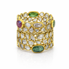 18K Gold Plated Mosaic Rough Cut Diamond Sliced River Ring with Tourmalines