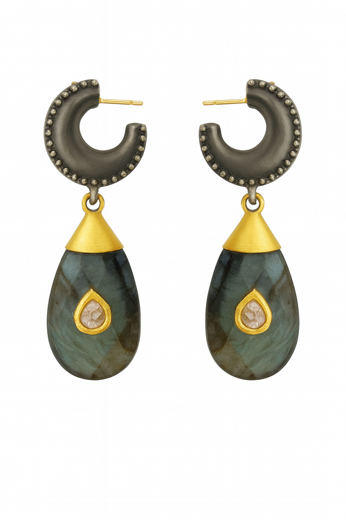 Jaipuri Crescent & Labradorite Diamond Drop Earrings