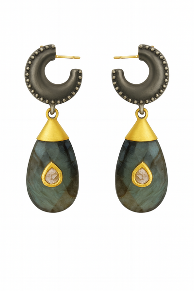 Jaipuri Crescent & Labradorite Diamond Drop Earrings