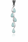Silver pendant with teardrop-shaped aqua chalcedony gemstones on a white background