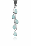 Silver pendant with teardrop-shaped aqua chalcedony gemstones on a white background