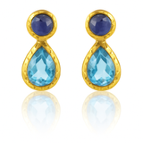 Gold Plated Hammered Vertical Indian Peacock Studs Blue Topaz and Iolite