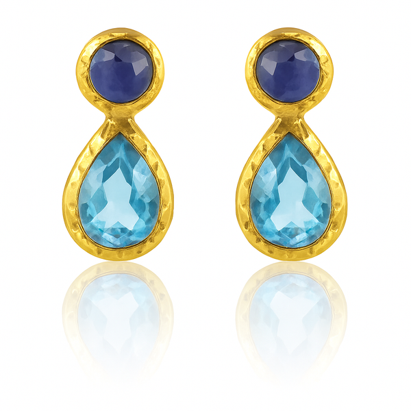 Gold Plated Hammered Vertical Indian Peacock Studs Blue Topaz and Iolite