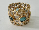 18K Gold Plated Mosaic Rough Cut Sliced Diamonds with Blue Topaz Ring