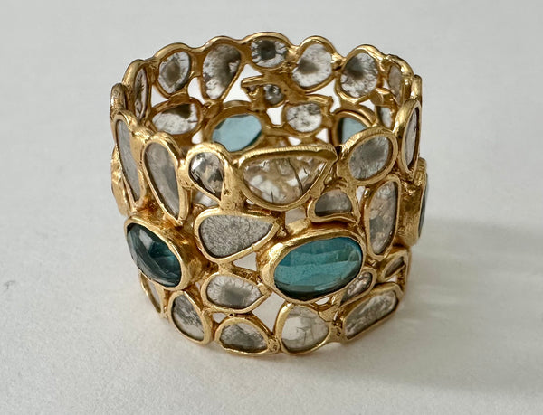 18K Gold Plated Mosaic Rough Cut Sliced Diamonds with Blue Topaz Ring