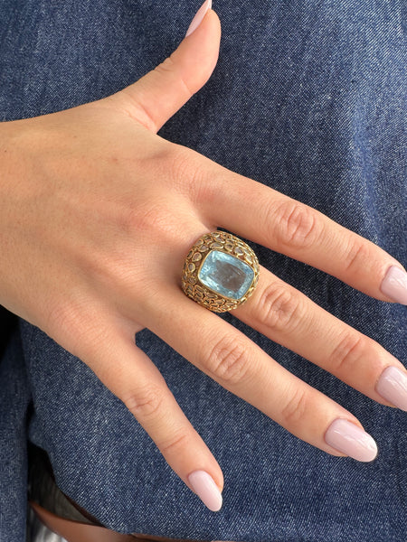 Jaipuri Sliced Diamond Dome with Rectangular Aqumarine