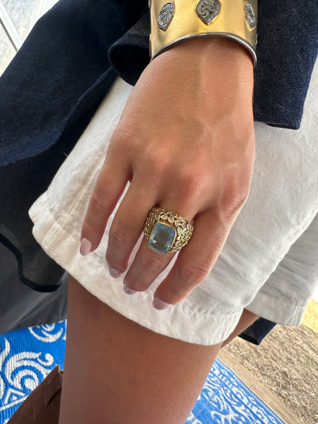 Jaipuri Sliced Diamond Dome with Rectangular Aqumarine