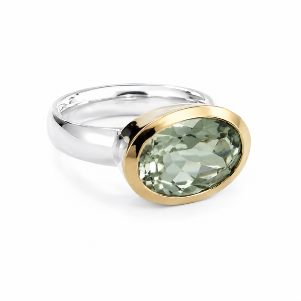 Golden Iberia Oval Gemstone Ring - Green Amethyst