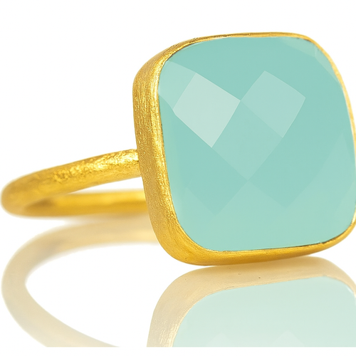 Gold Plated Capri Large Stackable Square Ring Aqua Chalcedony