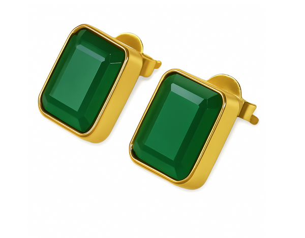 Gold Plated Small Square Gemstone Studs Green Onyx