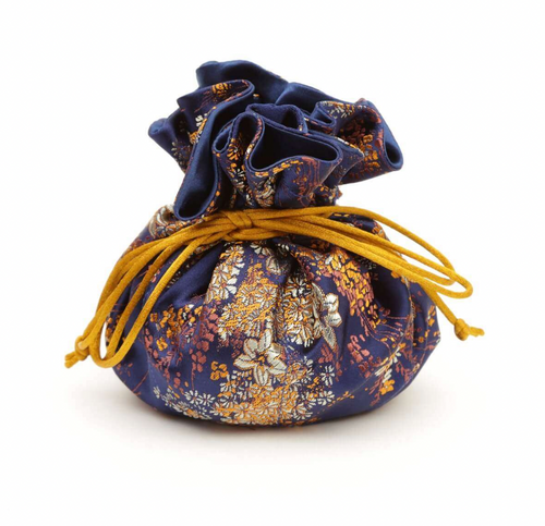 Jewelry Pouch  Small Gold Floral - Navy Blue