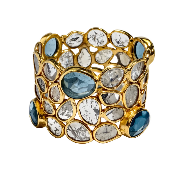 18K Gold Plated Mosaic Rough Cut Diamond Sliced Ring with Blue Topaz