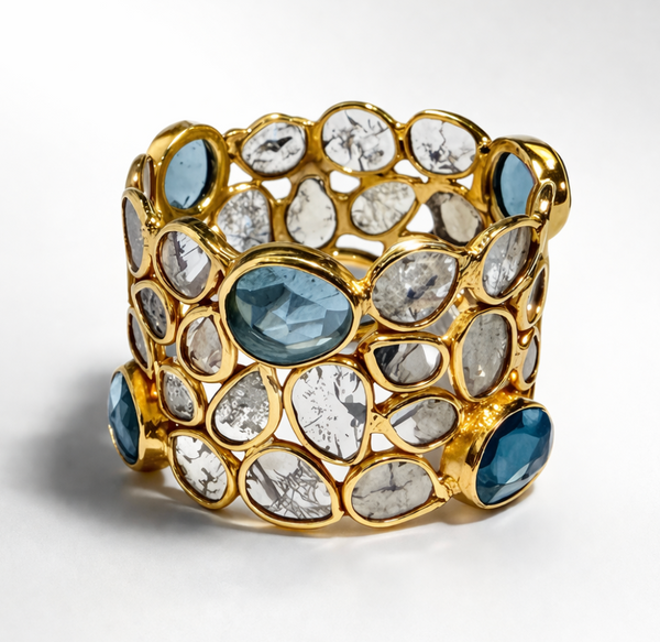 18K Gold Plated Mosaic Rough Cut Diamond Sliced River Ring with Blue Topaz