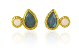 Gold Plated Side Hammered Indian Peacock Studs Labradorite and Rose Quartz