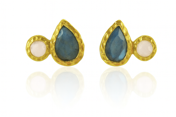 Gold Plated Side Hammered Indian Peacock Studs Labradorite and Rose Quartz