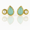 Gold Plated Side Hammered Indian Peacock Studs Aqua Chalcedony and Pearl