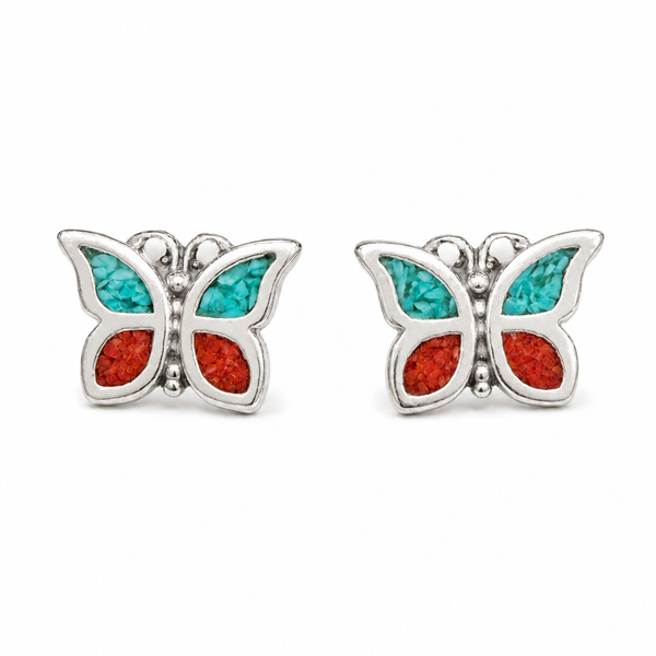 Turquoise & Coral Butterfly Stud