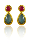 Gold Plated Hammered Vertical Indian Peacock Studs Tourmaline & Labradorite
