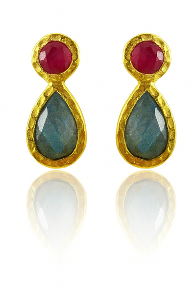 Gold Plated Hammered Vertical Indian Peacock Studs Tourmaline & Labradorite