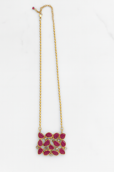 18K Gold Plated Jaipuri Rectangular Ruby Mosaic Necklace