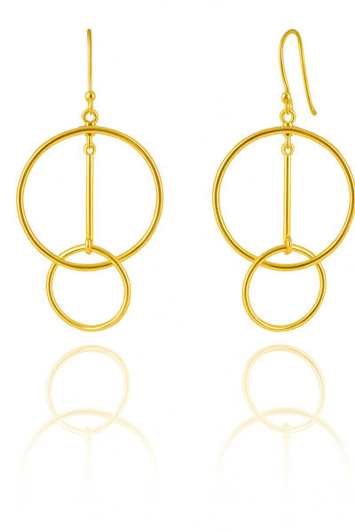 Gold Plated Big Circle with Dangling Interlocking Mini Circle Earrings