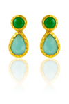 Gold Plated Hammered Vertical Indian Peacock Studs Green Onyx & Aqua Chalcedony