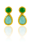 Gold Plated Hammered Vertical Indian Peacock Studs Green Onyx & Aqua Chalcedony
