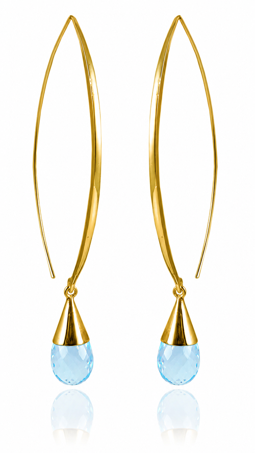 Gold Plated Long Curved Gemstone Drop Earrings Blue Topaz