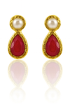 Gold Plated Hammered Vertical Indian Peacock Studs Rough Cut Ruby and Pearl