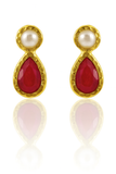 Gold Plated Hammered Vertical Indian Peacock Studs Rough Cut Ruby and Pearl