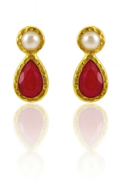 Gold Plated Hammered Vertical Indian Peacock Studs Rough Cut Ruby and Pearl