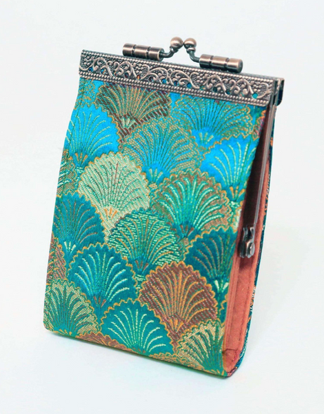 Small Shell Brocade Card Holder with RFID | Sky Blue & Green