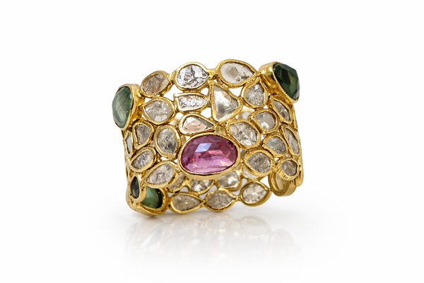 18K Gold Plated Mosaic Rough Cut Diamond Sliced Ring with Pink & Green Tourmalines