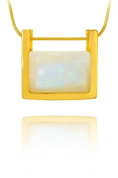 Gold Plated Rectangular Italian Stone Pendant White Moonstone
