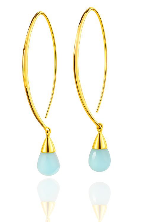 Gold Plated Long Curved Gemstone Drop Earrings Aqua Chalcedony