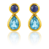 Gold Plated Hammered Vertical Indian Peacock Studs Blue Topaz and Iolite