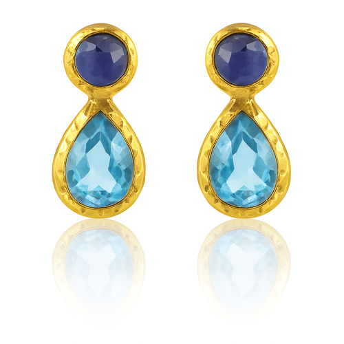 Gold Plated Hammered Vertical Indian Peacock Studs Blue Topaz and Iolite